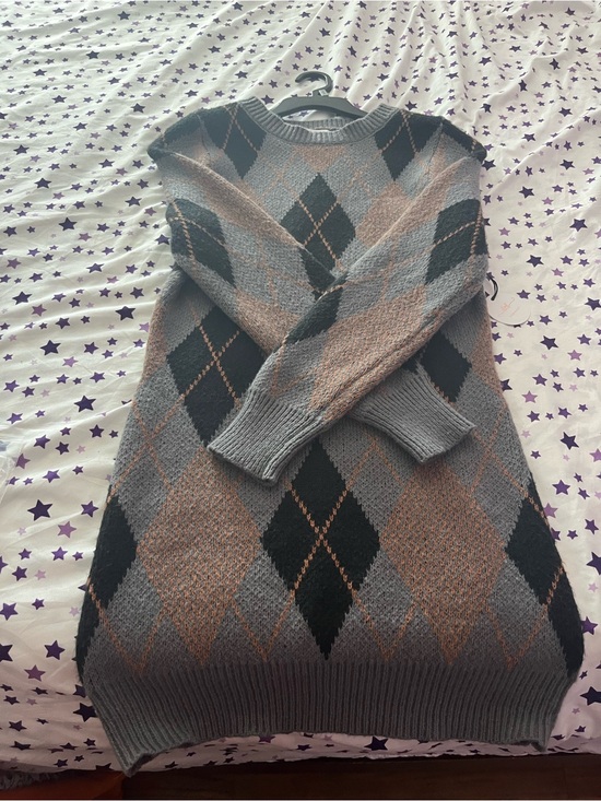 Sweaters - Women’s Argyle Crewneck Sweater Dress in Gray and Brown
